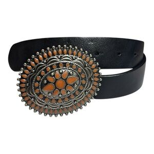 Navajo Concho Belt Black Leather with Orange & Silver Buckle Womens Size M
